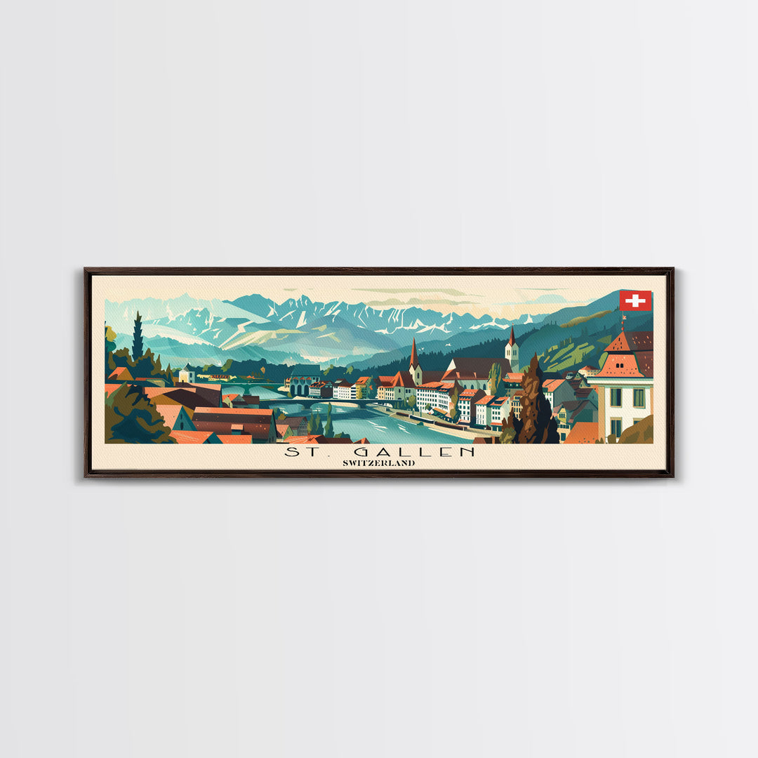 St. Gallen Switzerland Panoramic Travel Poster, Framed Canvas Print or Metal Wall Art, Travel Art, Home Decor, Panoramic Painting, Midcentury Art