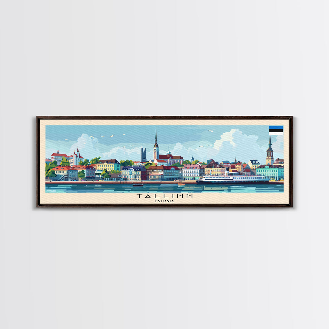 Tallinn Estonia Panoramic Travel Poster, Framed Canvas Print or Metal Wall Art, Travel Art, Home Decor, Panoramic Painting, Midcentury Art