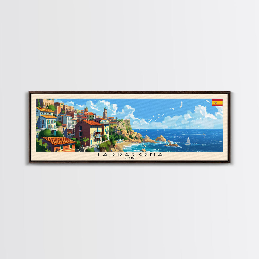 Tarragona Spain Panoramic Travel Poster, Framed Canvas Print or Metal Wall Art, Travel Art, Home Decor, Panoramic Painting, Midcentury Art