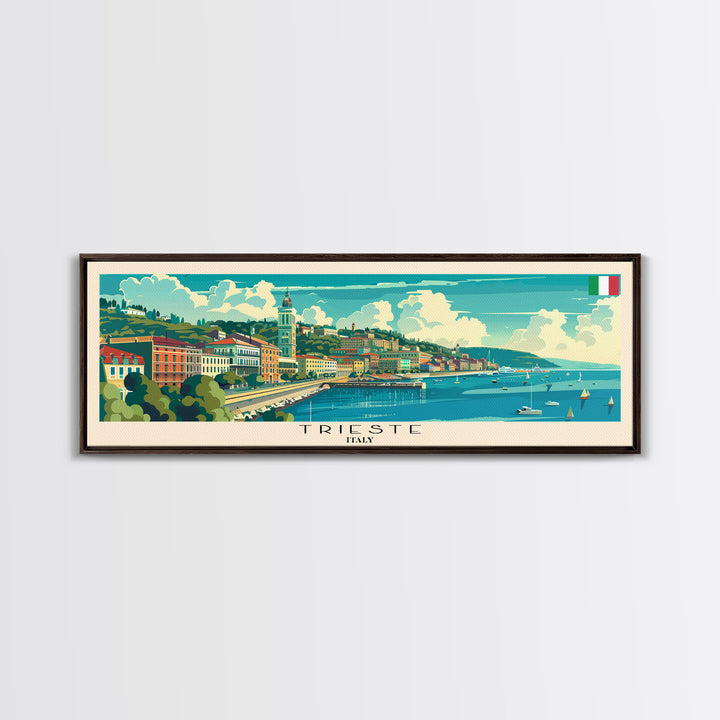 Trieste Italy Panoramic Travel Poster, Framed Canvas Print or Metal Wall Art, Travel Art, Home Decor, Panoramic Painting, Midcentury Art