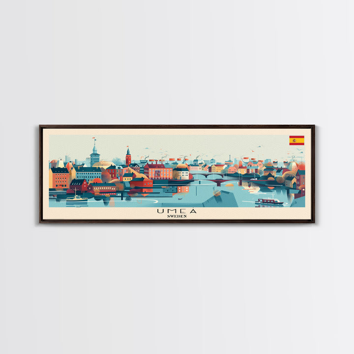 Ume Sweden Panoramic Travel Poster, Framed Canvas Print or Metal Wall Art, Travel Art, Home Decor, Panoramic Painting, Midcentury Art