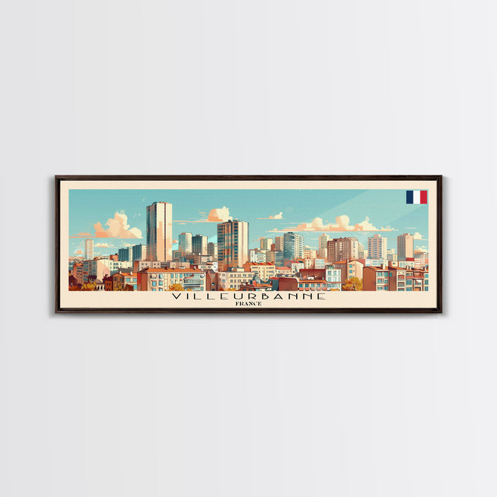 Villeurbanne France Panoramic Travel Poster, Framed Canvas Print or Metal Wall Art, Travel Art, Home Decor, Panoramic Painting, Midcentury Art