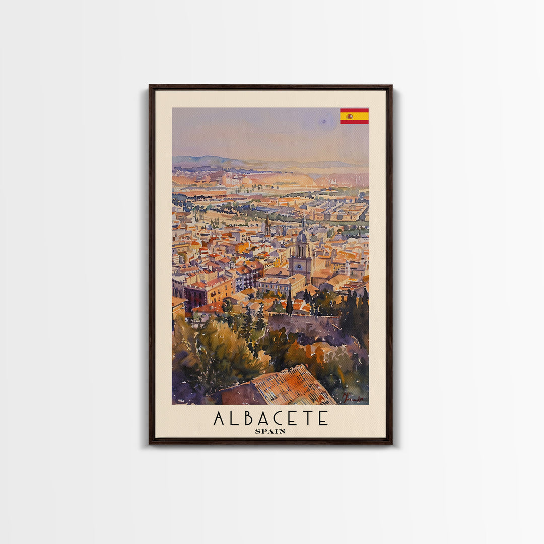 Albacete Spain Skyline Travel Poster Art, Framed Canvas Print, Vibrant Wall Art for Living Room, Bedroom Decor, Home Decoration