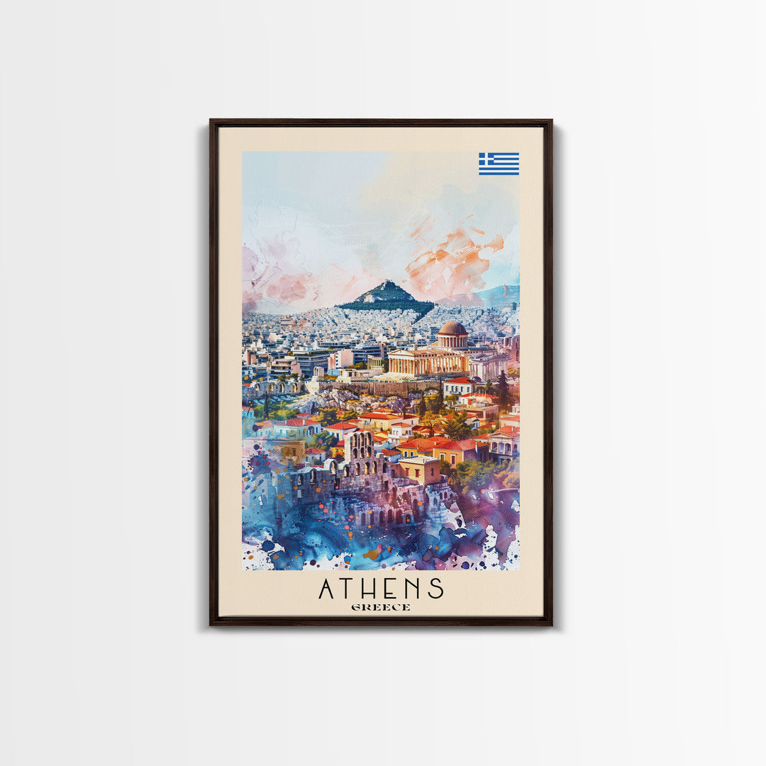 Athens Greece Travel Poster Framed Canvas Print, Wall Art, Home Decor, Vacation Print, Watercolor Painting, Ancient Ruins, Historical Art