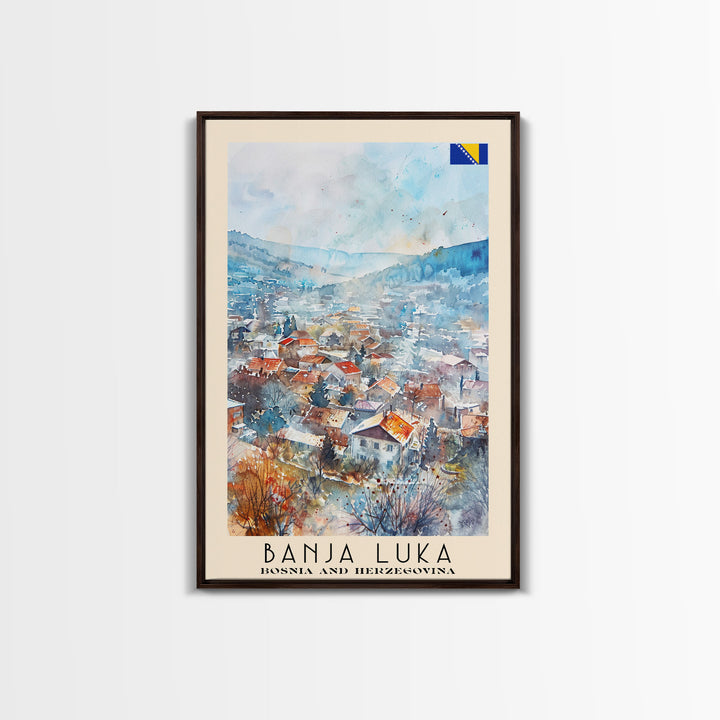 Banja Luka Bosnia Travel Poster Framed Canvas Print, Wall Art, Home Decor, Travel Print, Watercolor Painting, Scenic View, Original Art