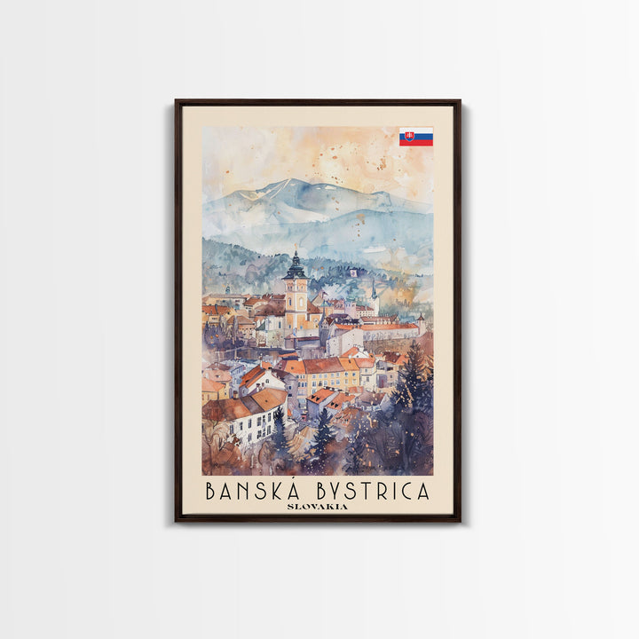 Banska Bystrica Slovakia Travel Poster Framed Canvas Print, Wall Art, Home Decor, Vacation Print, Watercolor Painting, Cityscape Art