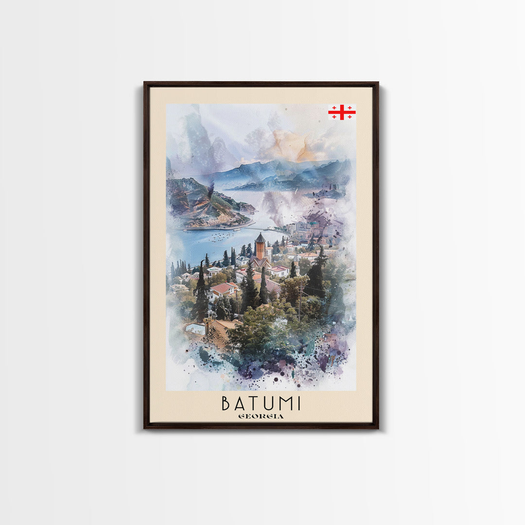 Batumi Georgia Travel Poster Framed Canvas Print, Wall Art, Home Decor, Watercolor Painting, Vacation Gift, Minimalist Art