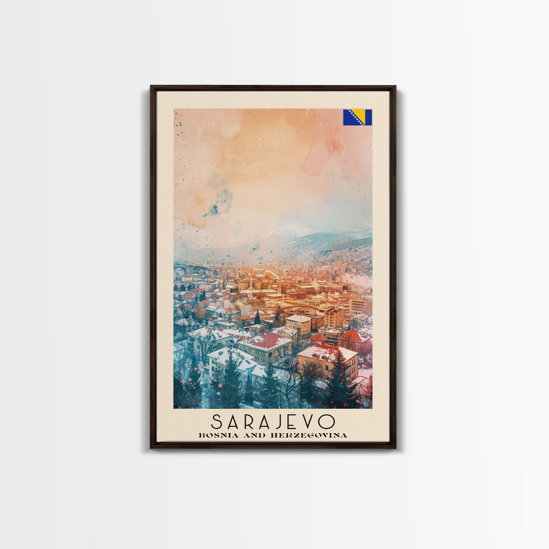 Sarajevo Bosnia and Herzegovina Travel Poster Framed Canvas Print, Watercolor Painting, Historic Wall Art, Home Decor, Bosnian Cityscape, Classic Art