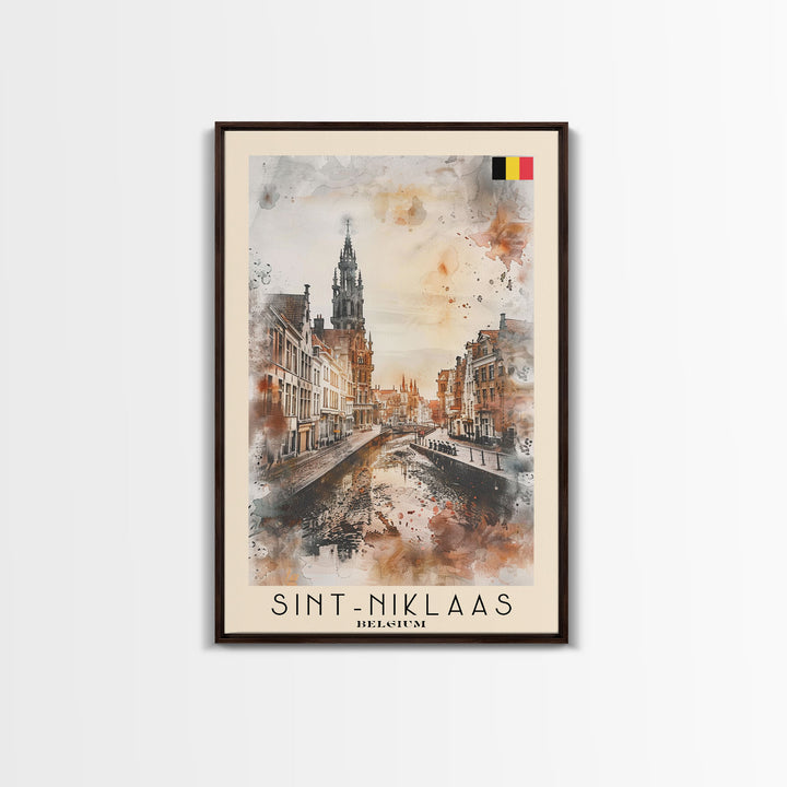 Sint-Niklaas Belgium Travel Poster Framed Canvas Print, Watercolor Painting, Scenic Wall Art, Home Decor, Belgian Cityscape, Classic Decor