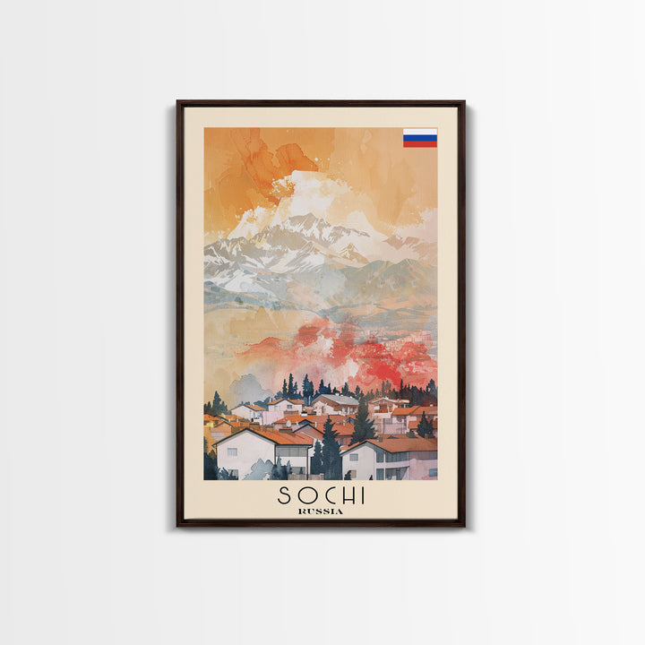 Sochi Russia Travel Poster Framed Canvas Print, Watercolor Painting, Coastal Wall Art, Home Decor, Russian Seaside, Vibrant Art