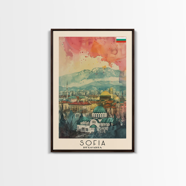 Sofia Bulgaria Travel Poster Framed Canvas Print, Watercolor Painting, Scenic Wall Art, Home Decor, Bulgarian Cityscape, Modern Decor