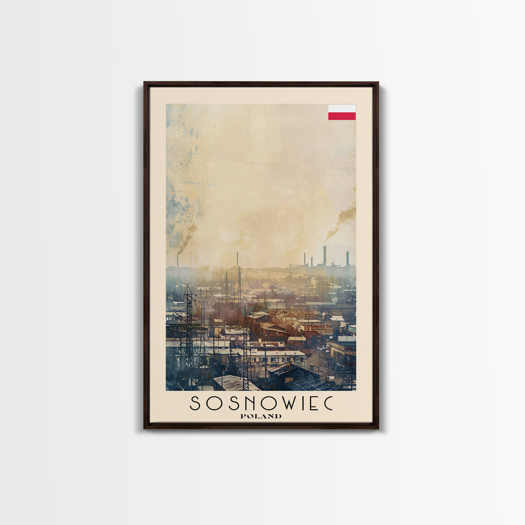 Sosnowiec Poland Travel Poster Framed Canvas Print, Watercolor Painting, Urban Wall Art, Home Decor, Polish Cityscape, Modern Art