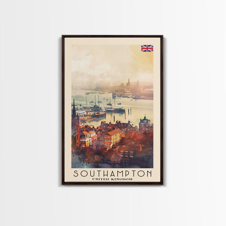 Southampton United Kingdom Travel Poster Framed Canvas Print, Watercolor Painting, Coastal Wall Art, Home Decor, British Seaside, Vibrant Decor