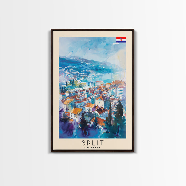 Split Croatia Travel Poster Framed Canvas Print, Watercolor Painting, Coastal Wall Art, Home Decor, Croatian Seaside, Modern Decor