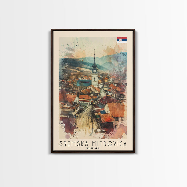 Sremska Mitrovica Serbia Travel Poster Framed Canvas Print, Watercolor Painting, Scenic Wall Art, Home Decor, Serbian Landscape, Artistic Decor