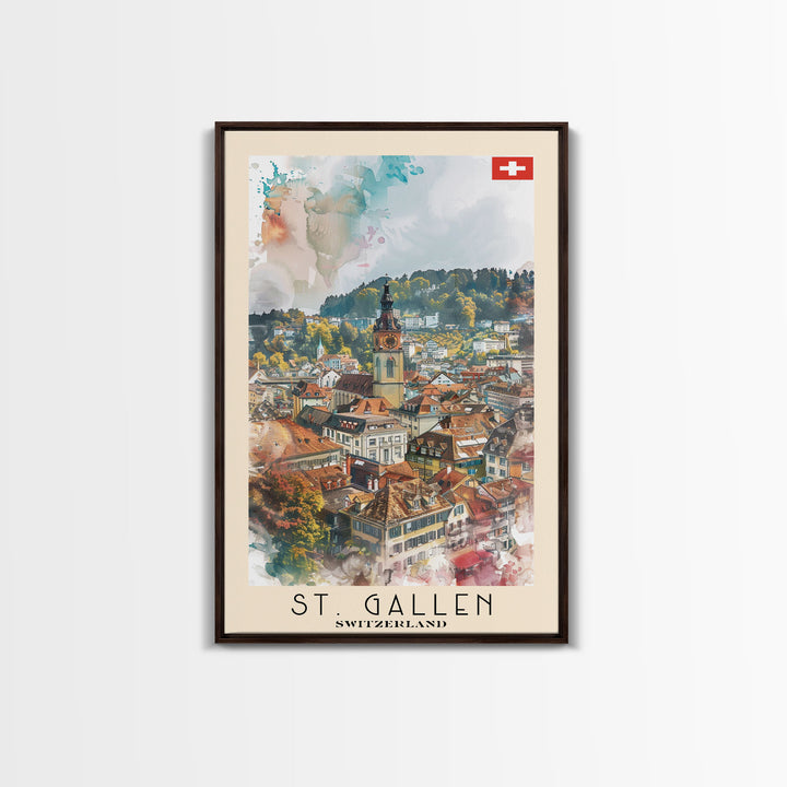 St Gallen Switzerland Travel Poster Framed Canvas Print, Watercolor Painting, Scenic Wall Art, Home Decor, Swiss Landscape, Classic Art