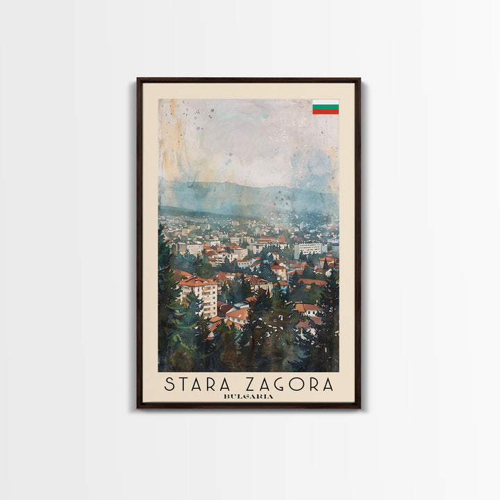 Stara Zagora Bulgaria Travel Poster Framed Canvas Print, Watercolor Painting, Scenic Wall Art, Home Decor, Bulgarian Landscape, Modern Art