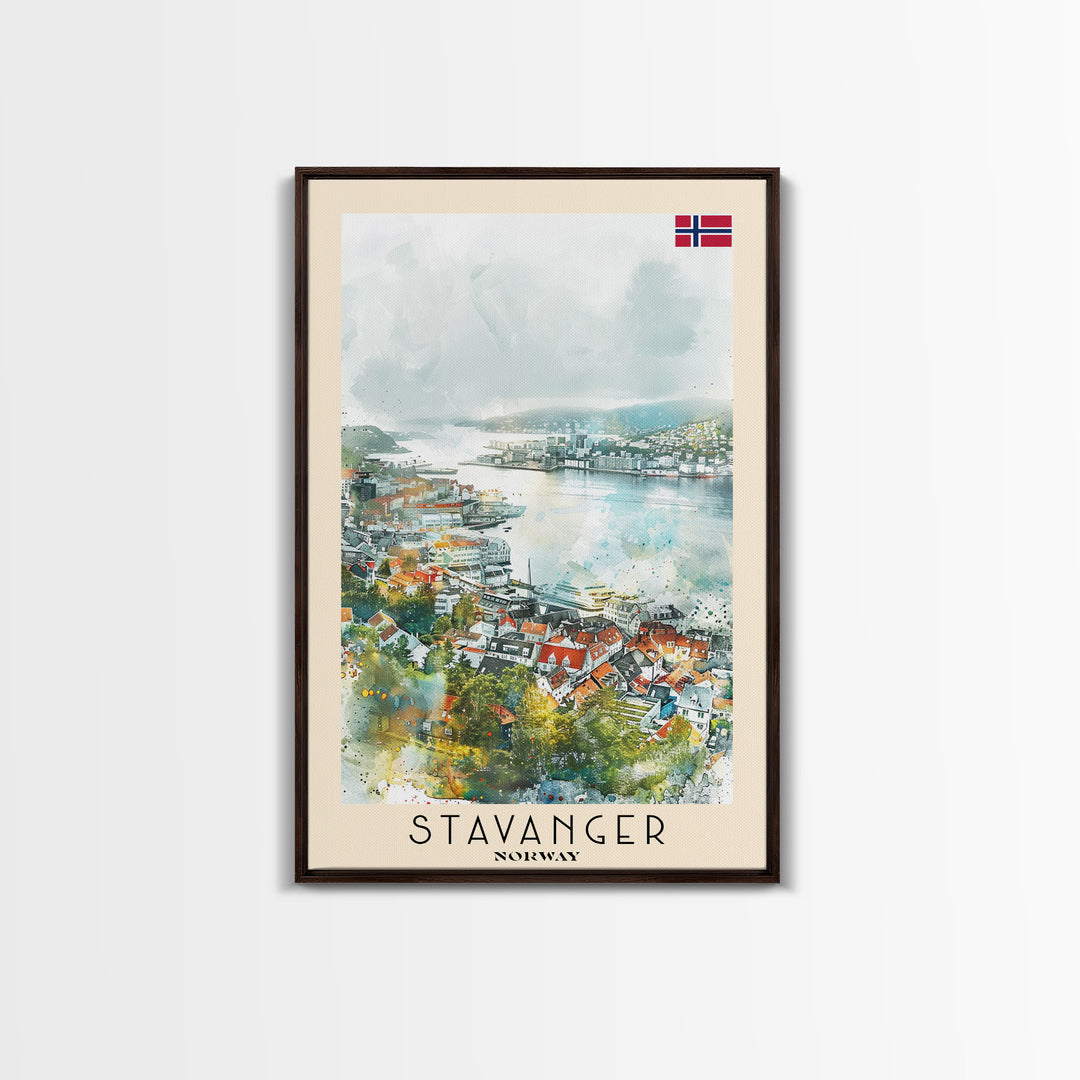 Stavanger Norway Travel Poster Framed Canvas Print, Watercolor Painting, Coastal Wall Art, Home Decor, Norwegian Seaside, Nautical Decor