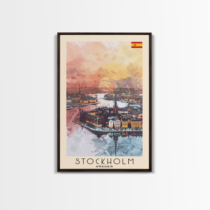 Stockholm Sweden Travel Poster Framed Canvas Print, Watercolor Painting, Scenic Wall Art, Home Decor, Swedish Cityscape, Contemporary Art