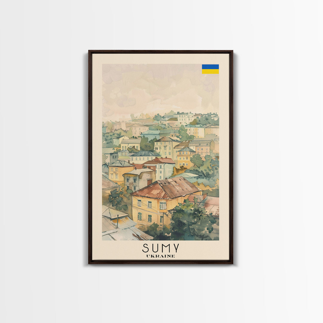 Sumy Ukraine Travel Poster Framed Canvas Print, Watercolor Painting, Scenic Wall Art, Home Decor, Ukrainian Landscape, Bohemian Decor