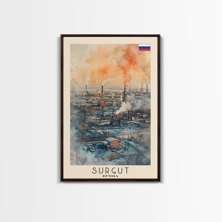 Surgut Russia Travel Poster Framed Canvas Print, Watercolor Painting, Scenic Wall Art, Home Decor, Russian Landscape, Minimalist Art