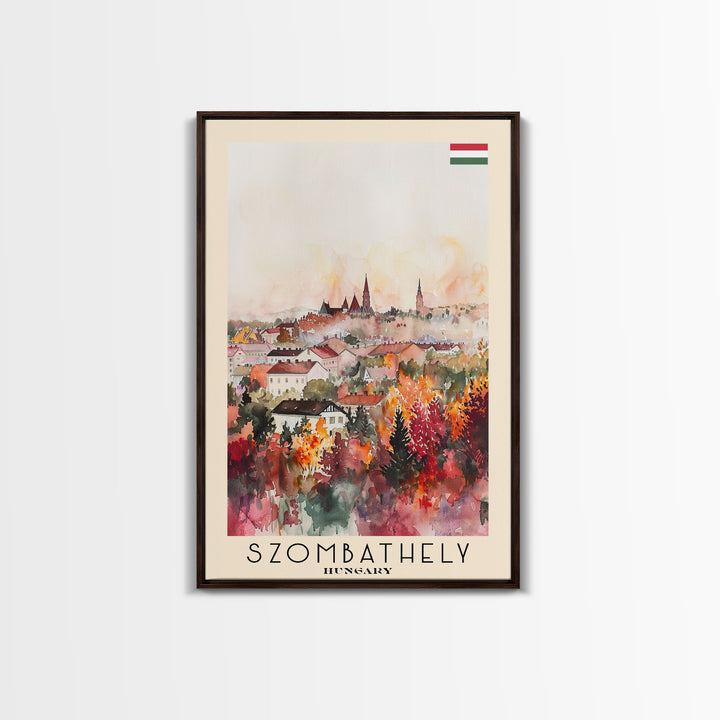 Szombathely Hungary Travel Poster Framed Canvas Print, Watercolor Painting, Scenic Wall Art, Home Decor, Hungarian Cityscape, Classic Art