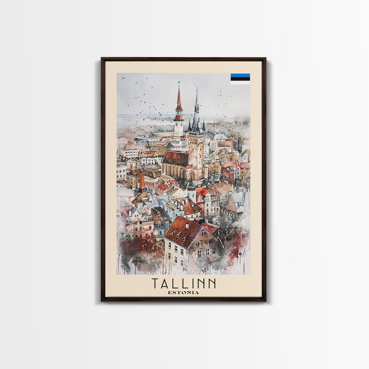 Tallinn Estonia Travel Poster Framed Canvas Print, Watercolor Painting, Scenic Wall Art, Home Decor, Estonian Cityscape, Modern Art