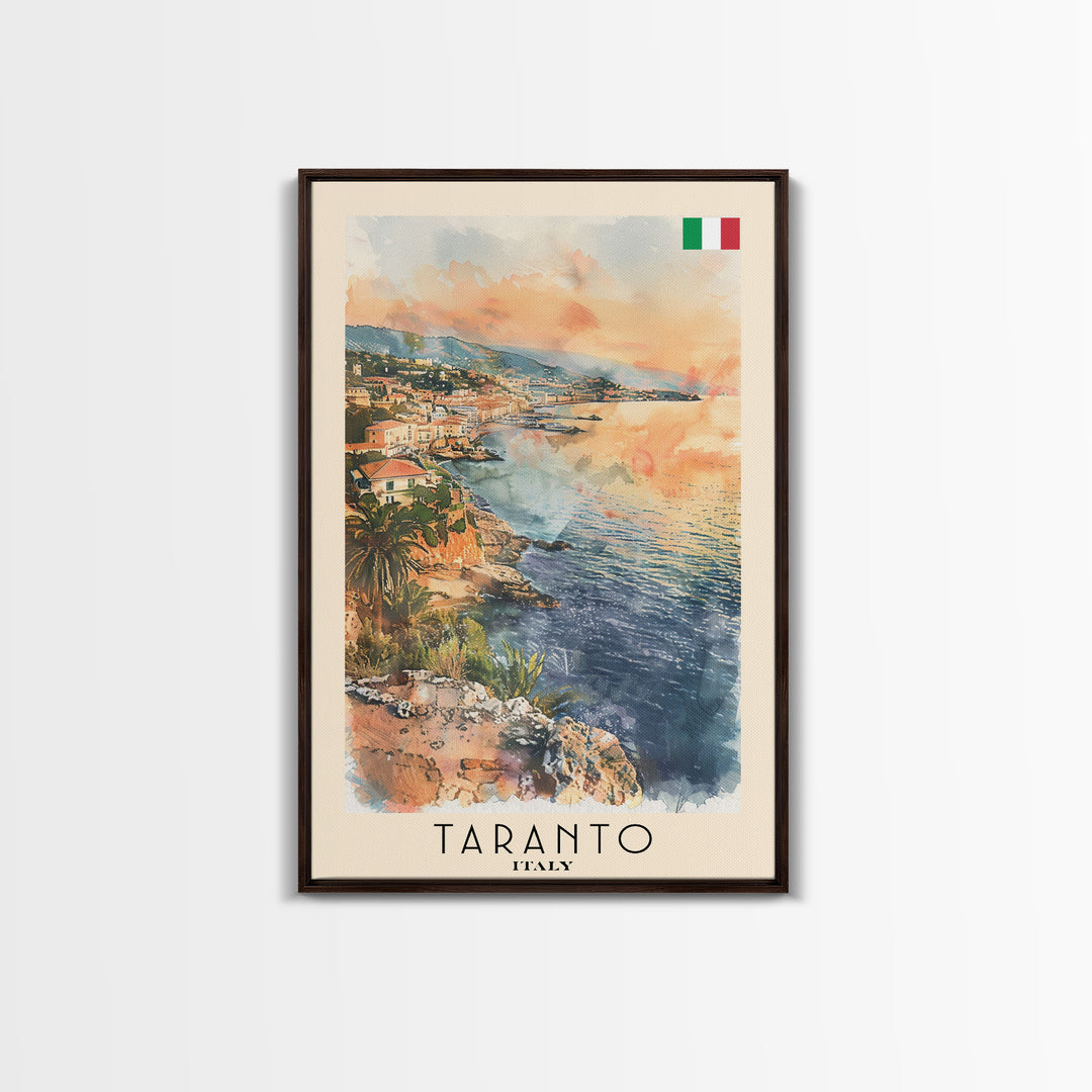 Taranto Italy Travel Poster Framed Canvas Print, Watercolor Painting, Coastal Wall Art, Home Decor, Italian Seaside, Nautical Decor