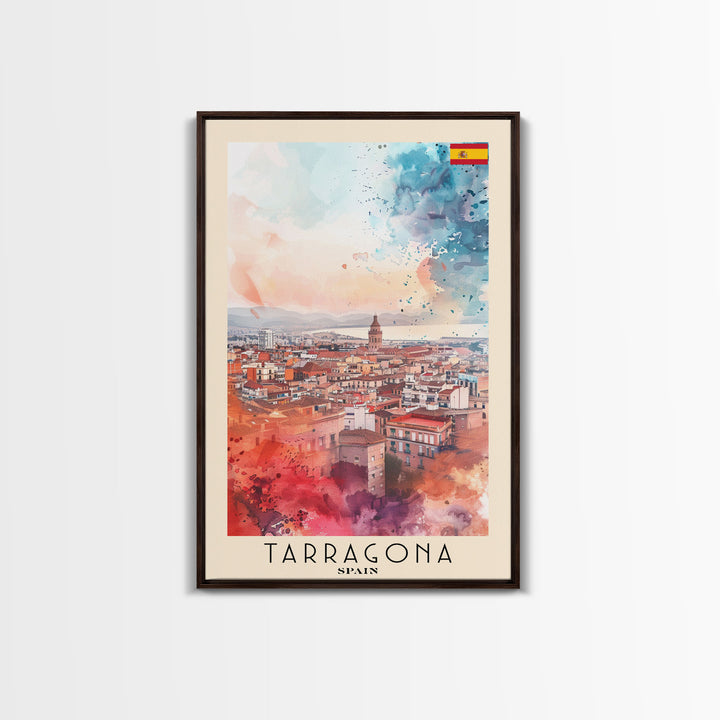 Tarragona Spain Travel Poster Framed Canvas Print, Watercolor Painting, Scenic Wall Art, Home Decor, Spanish Cityscape, Classic Art