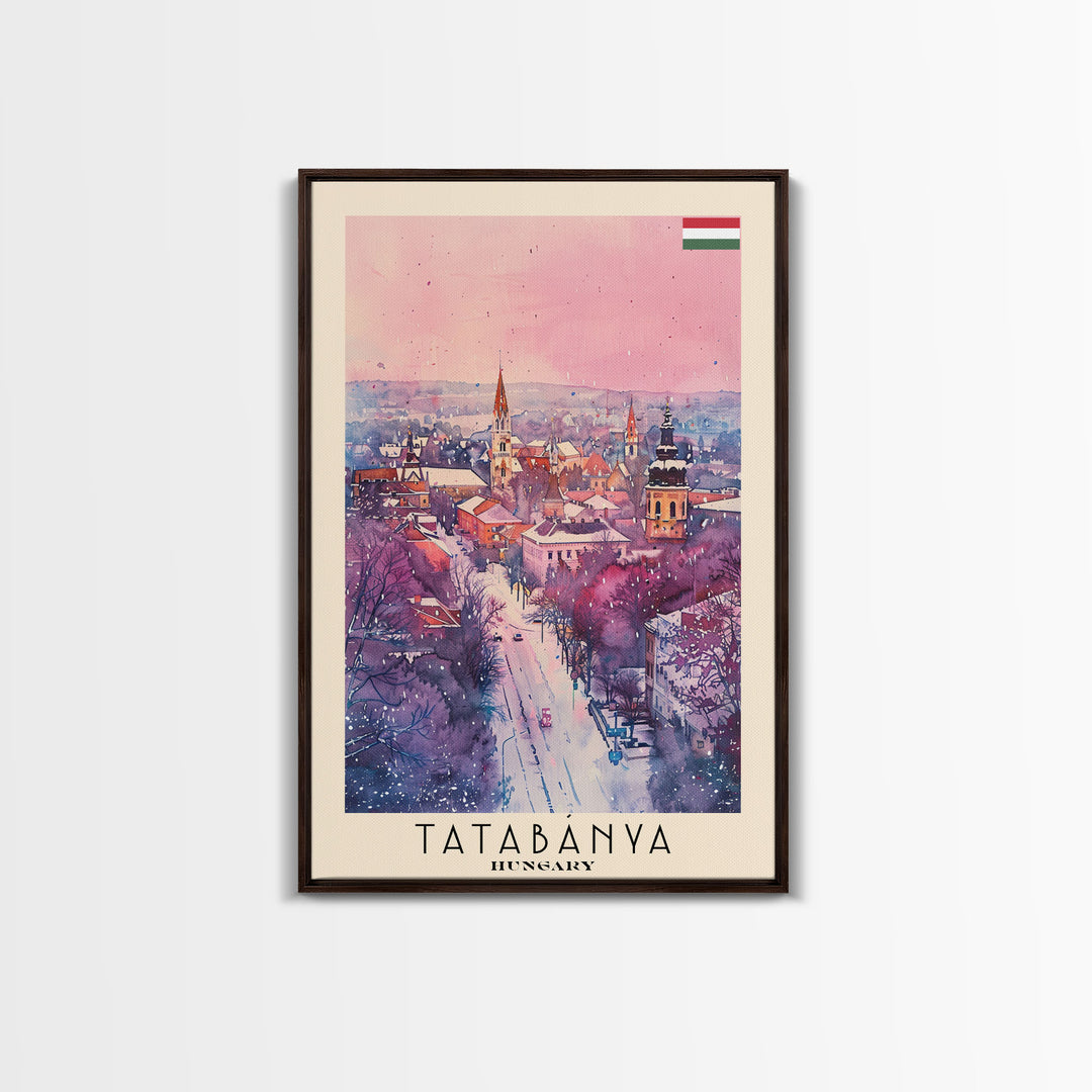 Tatabanya Hungary Travel Poster Framed Canvas Print, Watercolor Painting, Scenic Wall Art, Home Decor, Hungarian Landscape, Vibrant Art