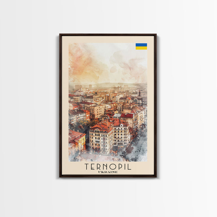 Ternopil Ukraine Travel Poster Framed Canvas Print, Watercolor Painting, Scenic Wall Art, Home Decor, Ukrainian Landscape, Classic Decor