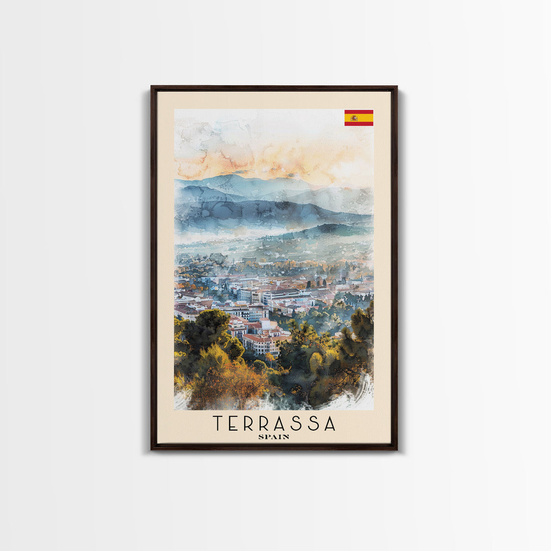 Terrassa Spain Travel Poster Framed Canvas Print, Watercolor Painting, Urban Wall Art, Home Decor, Spanish Cityscape, Modern Art