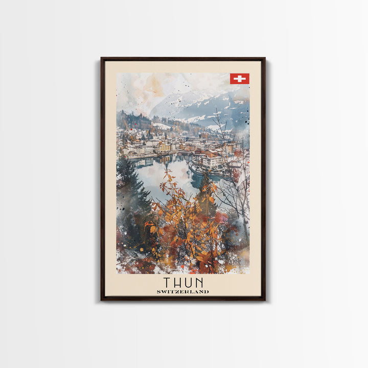 Thun Switzerland Travel Poster Framed Canvas Print, Watercolor Painting, Scenic Wall Art, Home Decor, Swiss Landscape, Alpine Art