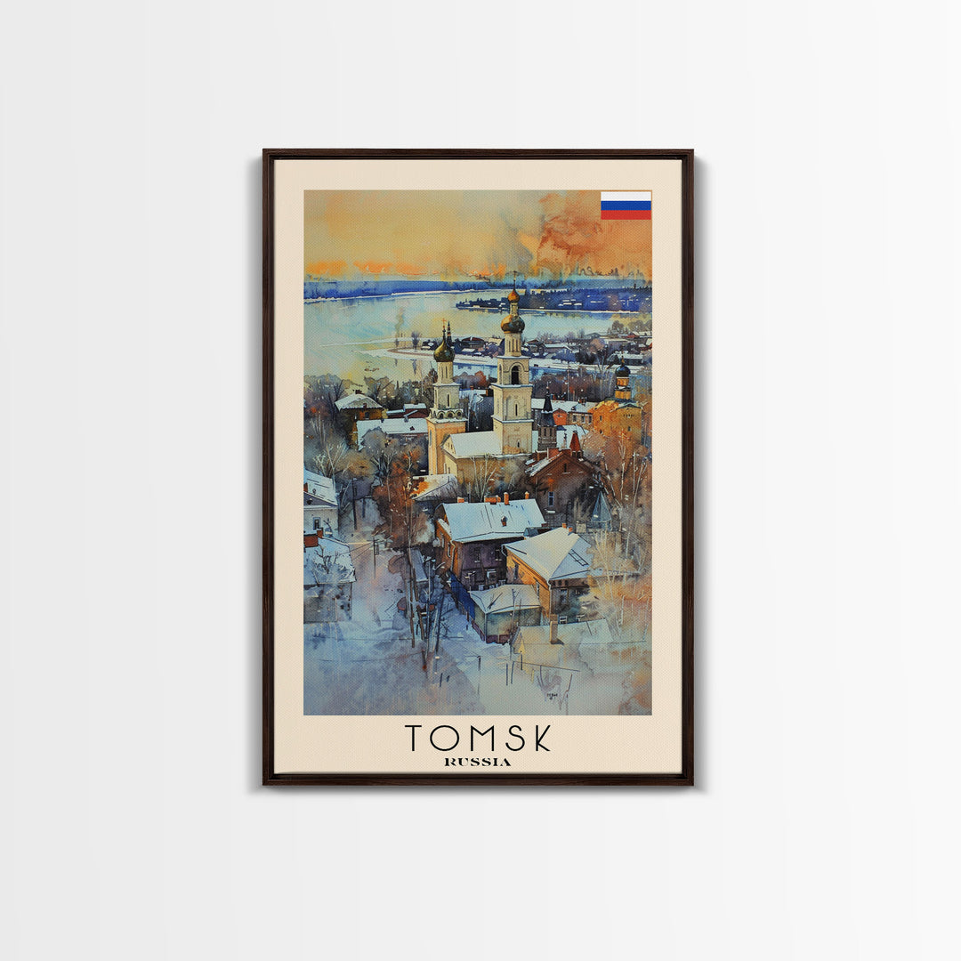 Tomsk Russia Travel Poster Framed Canvas Print, Watercolor Painting, Urban Wall Art, Home Decor, Russian Cityscape, Vintage Decor