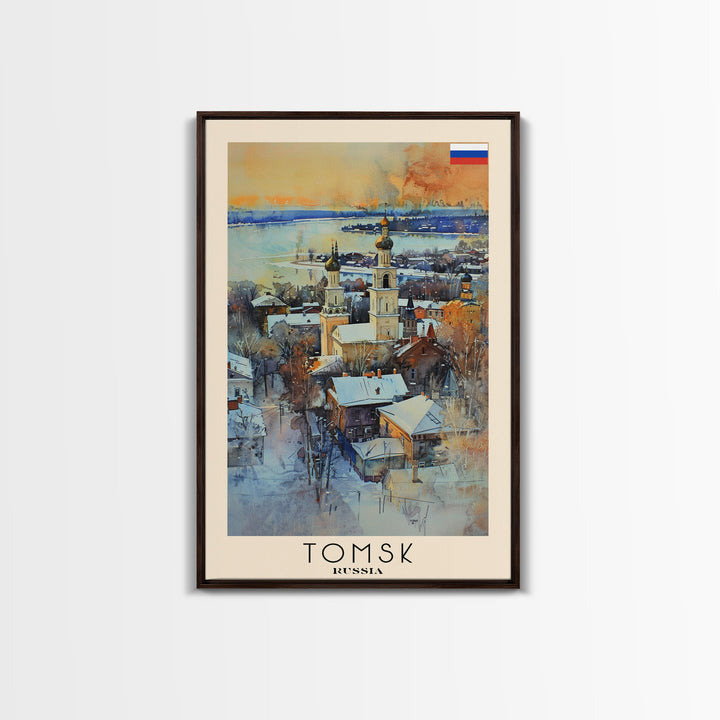 Tomsk Russia Travel Poster Framed Canvas Print, Watercolor Painting, Urban Wall Art, Home Decor, Russian Cityscape, Vintage Decor