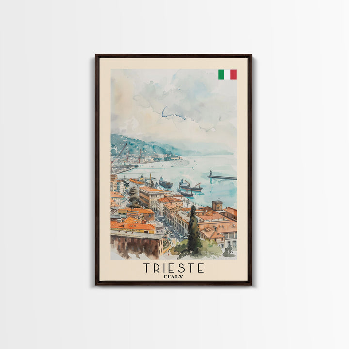 Trieste Italy Travel Poster Framed Canvas Print, Watercolor Painting, Coastal Wall Art, Home Decor, Italian Seaside, Nautical Art