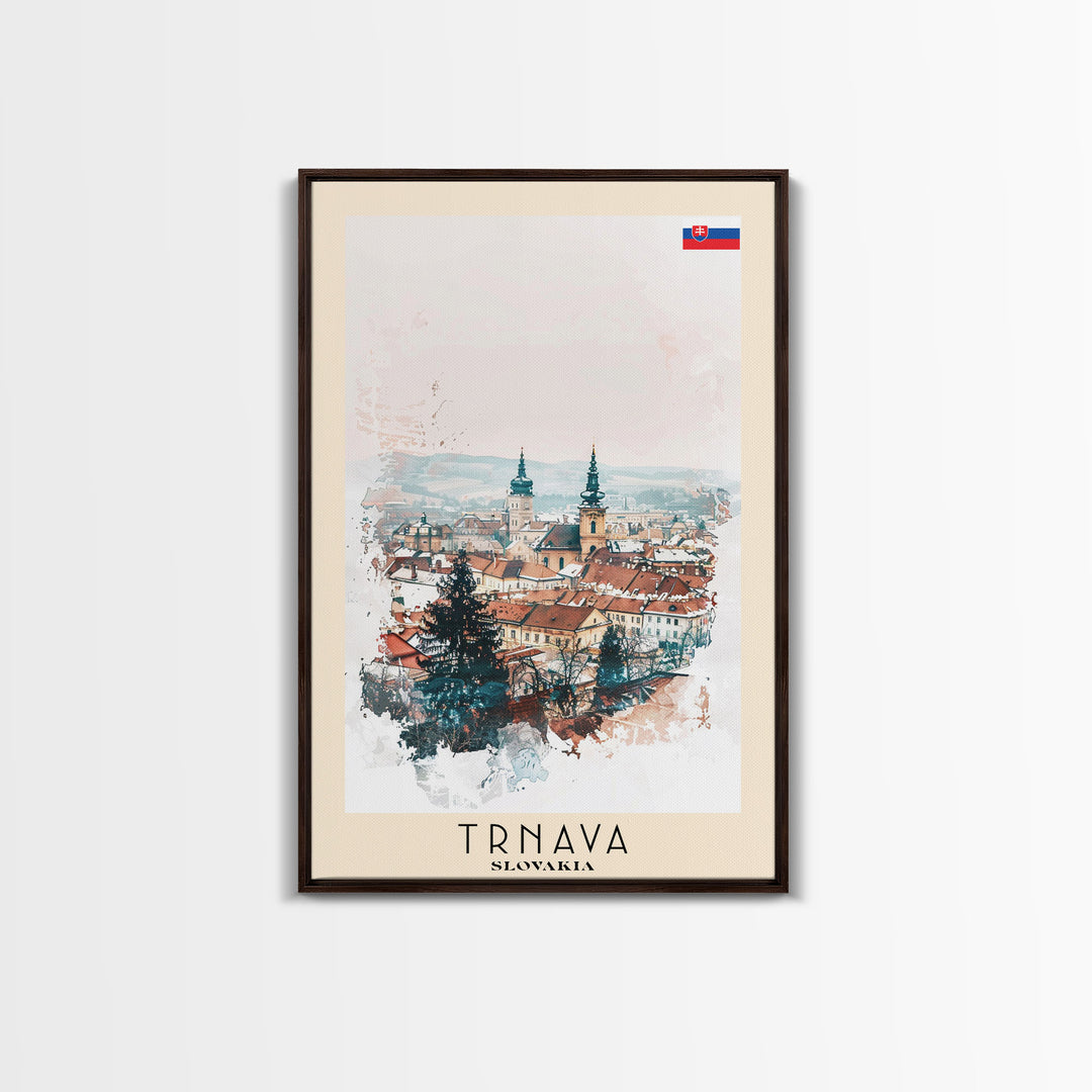 Trnava Slovakia Travel Poster Framed Canvas Print, Watercolor Painting, Scenic Wall Art, Home Decor, Slovakian Cityscape, Modern Decor