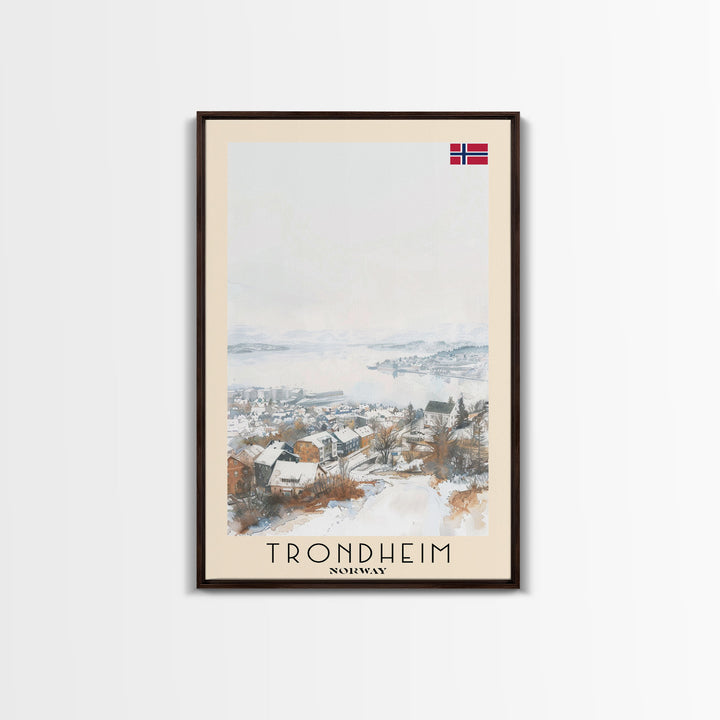 Trondheim Norway Travel Poster Framed Canvas Print, Watercolor Painting, Coastal Wall Art, Home Decor, Norwegian Seaside, Nordic Decor