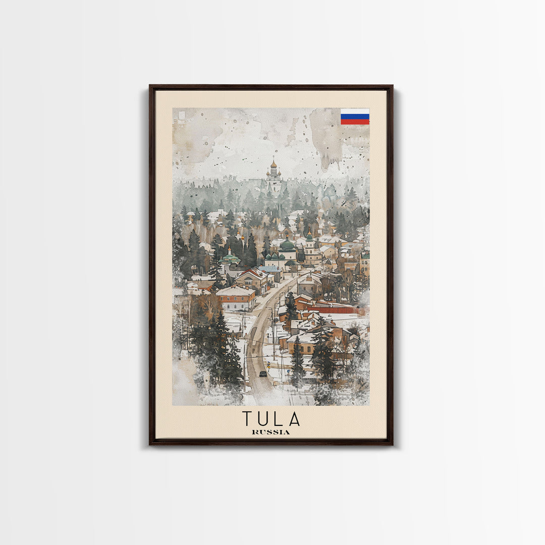 Tula Russia Travel Poster Framed Canvas Print, Watercolor Painting, Urban Wall Art, Home Decor, Russian Cityscape, Classic Art