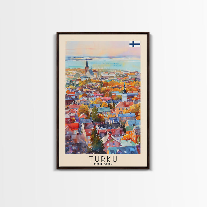 Turku Finland Travel Poster Framed Canvas Print, Watercolor Painting, Coastal Wall Art, Home Decor, Finnish Seaside, Contemporary Decor