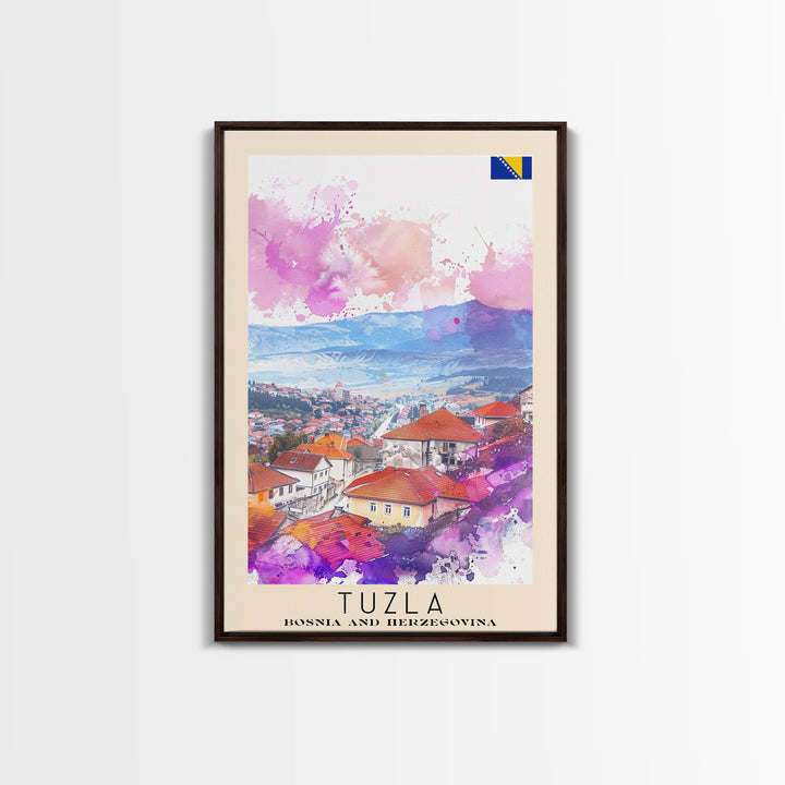 Tuzla Bosnia Travel Poster Framed Canvas Print, Watercolor Painting, Scenic Wall Art, Home Decor, Bosnian Landscape, Unique Art