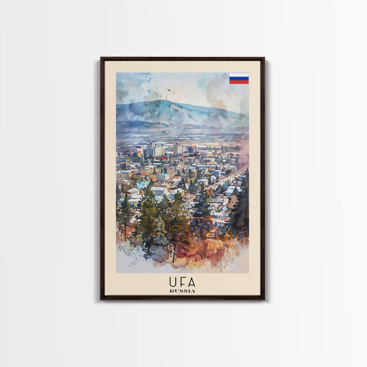 Ufa Russia Travel Poster Framed Canvas Print, Watercolor Painting, Scenic Wall Art, Home Decor, Russian Landscape, Vibrant Decor