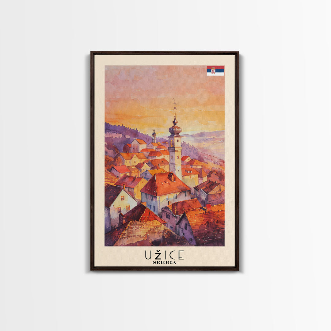 Uice Serbia Travel Poster Framed Canvas Print, Watercolor Painting, Scenic Wall Art, Home Decor, Serbian Landscape, Heritage Art