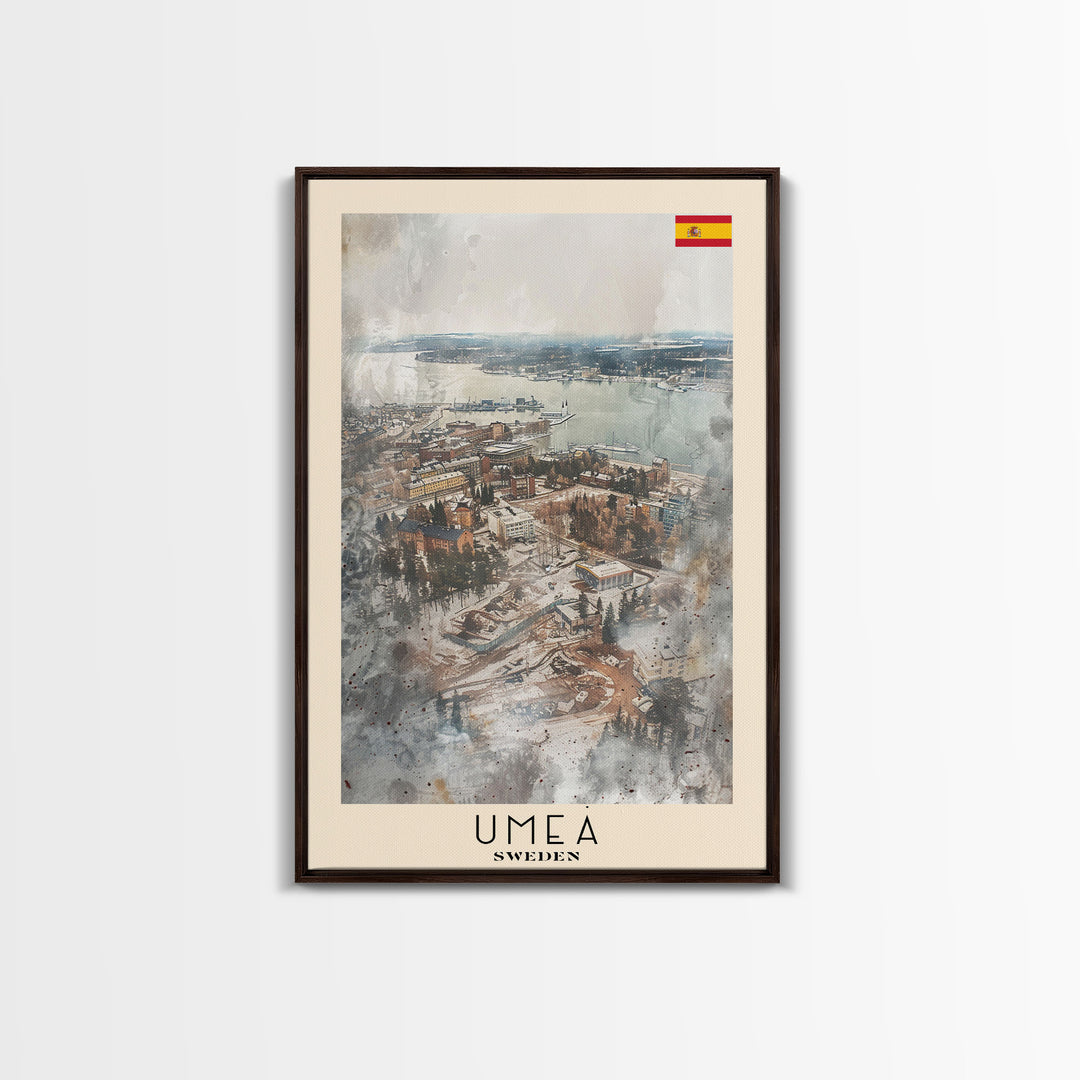 Ume Sweden Travel Poster Framed Canvas Print, Watercolor Painting, Scenic Wall Art, Home Decor, Swedish Landscape, Nordic Decor