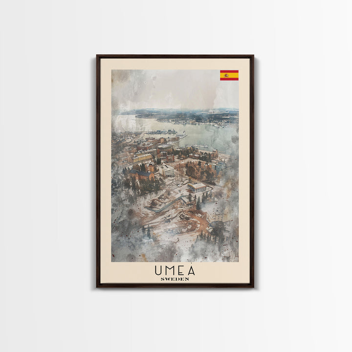 Ume Sweden Travel Poster Framed Canvas Print, Watercolor Painting, Scenic Wall Art, Home Decor, Swedish Landscape, Nordic Decor