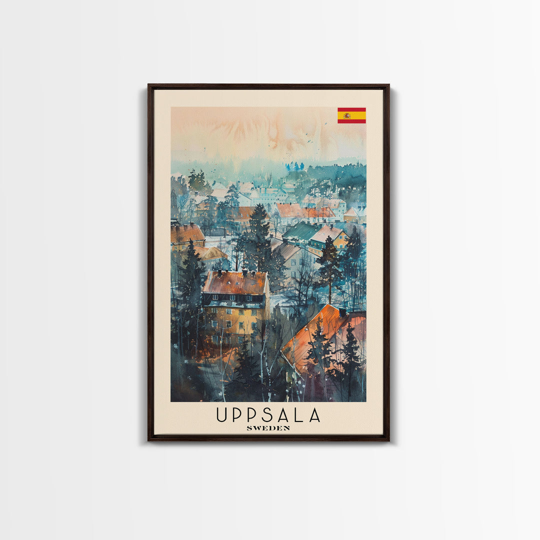 Uppsala Sweden Travel Poster Framed Canvas Print, Watercolor Painting, Urban Wall Art, Home Decor, Swedish Cityscape, Classic Decor