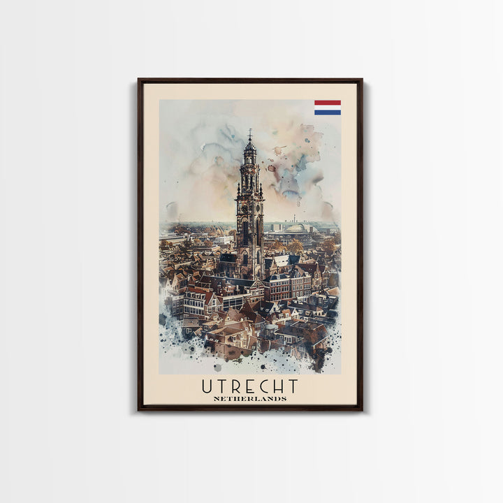 Utrecht Netherlands Travel Poster Framed Canvas Print, Watercolor Painting, Urban Wall Art, Home Decor, Dutch Cityscape, Trendy Art