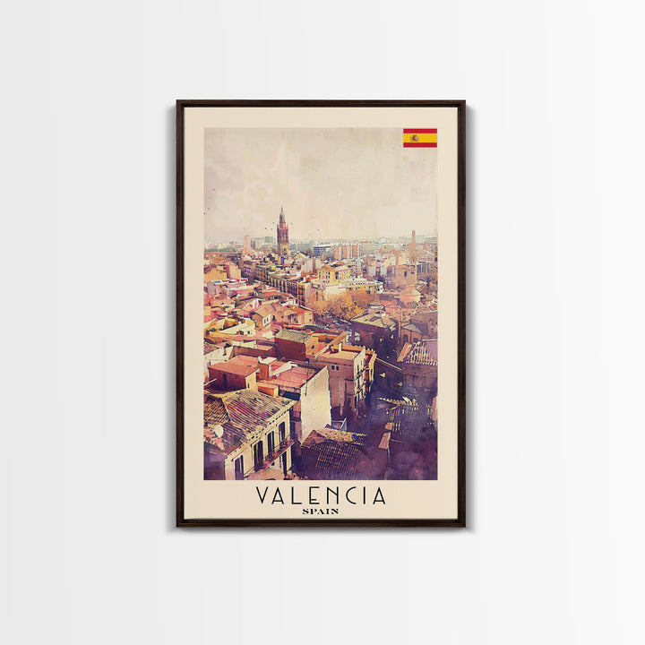 Valencia Spain Travel Poster Framed Canvas Print, Watercolor Painting, Coastal Wall Art, Home Decor, Spanish Seaside, Mediterranean Decor