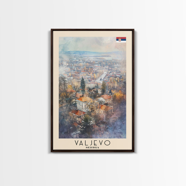 Valjevo Serbia Travel Poster Framed Canvas Print, Watercolor Painting, Scenic Wall Art, Home Decor, Serbian Landscape, Unique Art