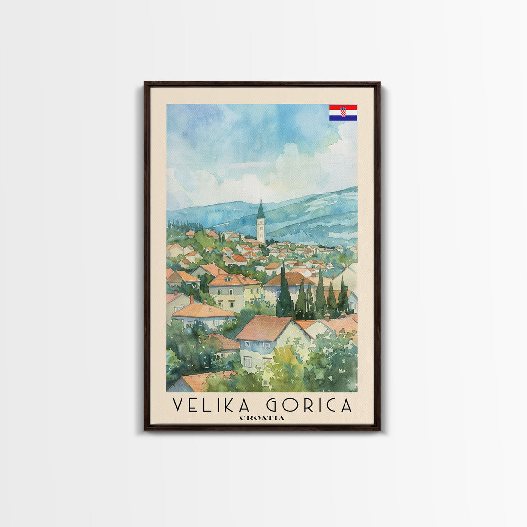 Velika Gorica Croatia Travel Poster Framed Canvas Print, Watercolor Painting, Urban Wall Art, Home Decor, Croatian Cityscape, Vibrant Art